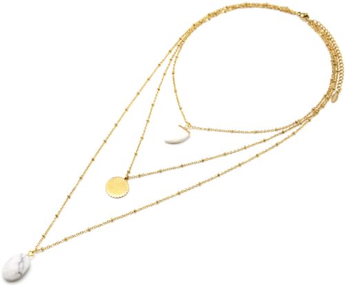 Collier-Triple-Chaine-Boules-avec-Corne-Cercle-Grave-Etoile-Acier-Dore-et-Pierre-Blanche