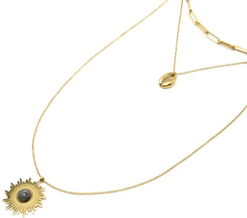 Collier-Triple-Chaine-avec-Maillons-Cauri-et-Soleil-Acier-Dore-Pierre-Effet-Naturel-Gris