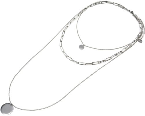 Collier-Triple-Chaine-avec-Maillons-et-Medailles-Acier-Argente