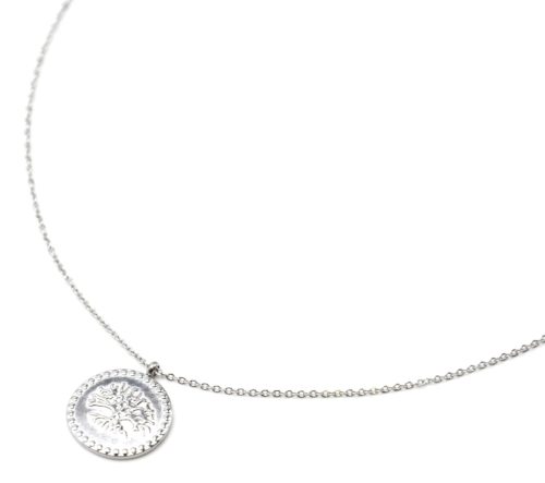 Collier-Fine-Chaine-Pendentif-Medaille-Motif-Arbre-de-Vie-Acier-Argente