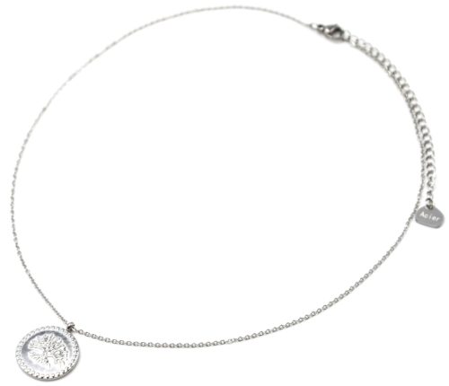 Collier-Fine-Chaine-Pendentif-Medaille-Motif-Arbre-de-Vie-Acier-Argente