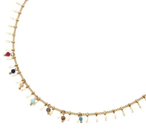 Collier-Ras-du-Cou-avec-Pampilles-Relief-Carreaux-Acier-Dore-et-Perles-Multicolore