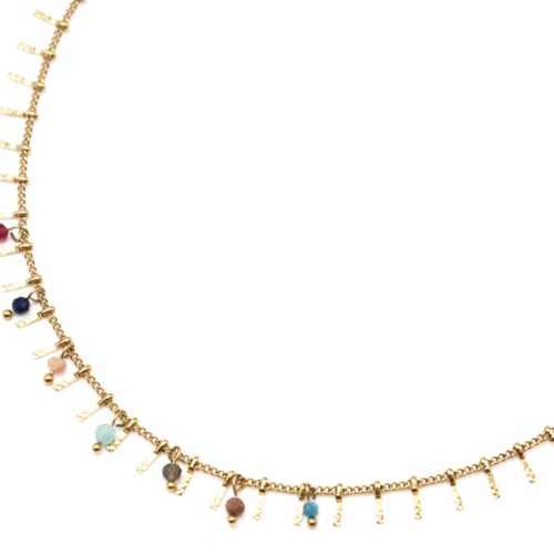 Collier-Ras-du-Cou-avec-Pampilles-Relief-Carreaux-Acier-Dore-et-Perles-Multicolore