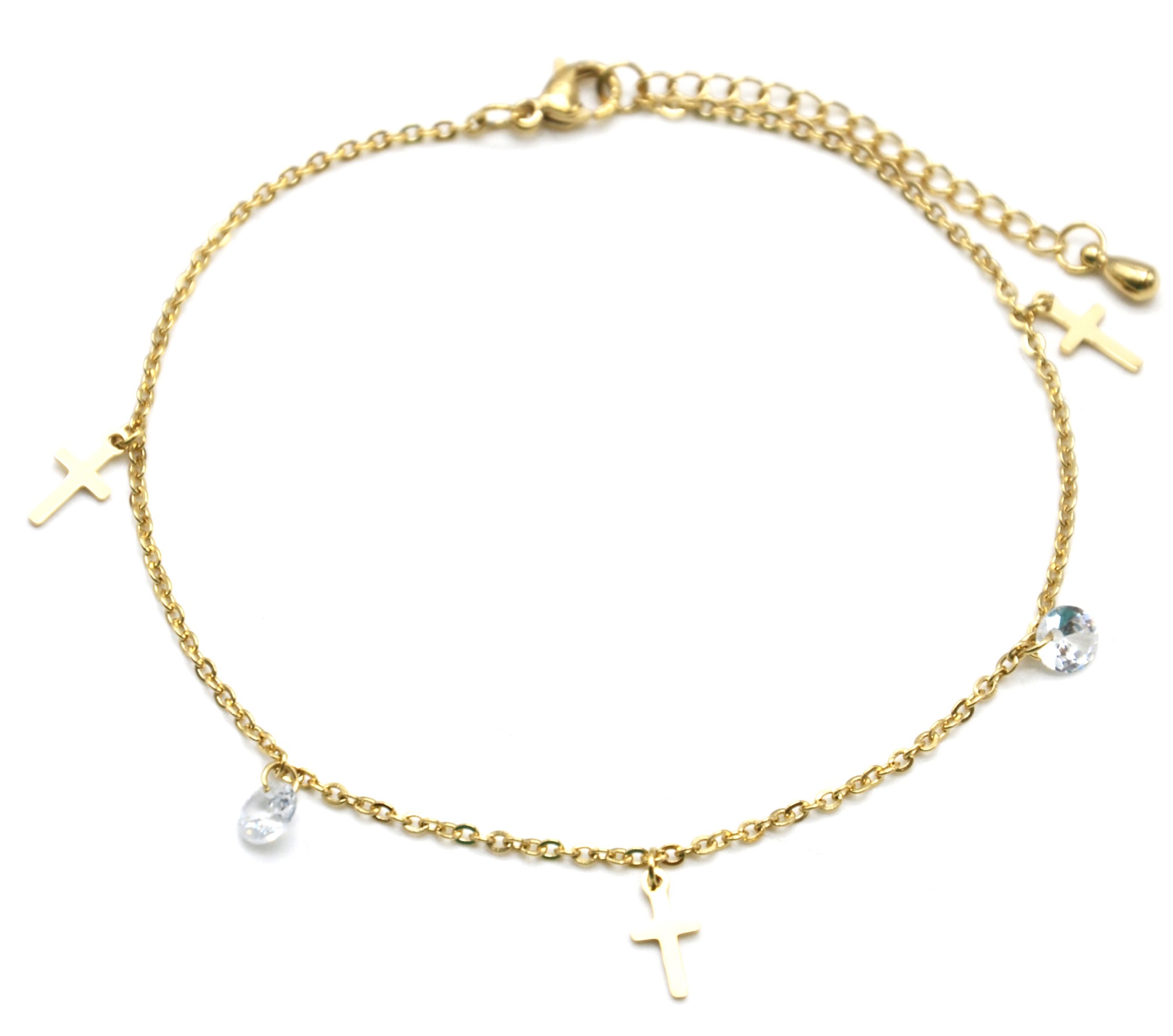 Fine-Chaine-Cheville-Acier-Dore-avec-Charms-Croix-et-Pierres