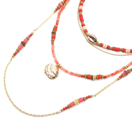 Sautoir-Collier-Multi-Rangs-Perles-et-Vinyles-Orange-avec-Cauri-et-Coquillage