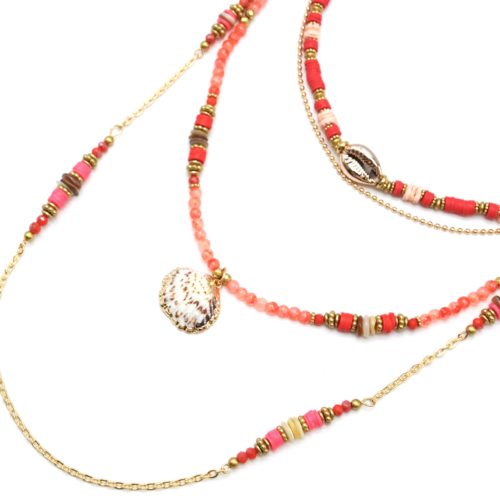 Sautoir-Collier-Multi-Rangs-Perles-et-Vinyles-Orange-avec-Cauri-et-Coquillage