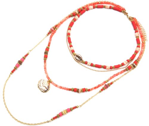 Sautoir-Collier-Multi-Rangs-Perles-et-Vinyles-Orange-avec-Cauri-et-Coquillage