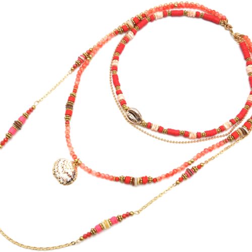 Sautoir-Collier-Multi-Rangs-Perles-et-Vinyles-Orange-avec-Cauri-et-Coquillage