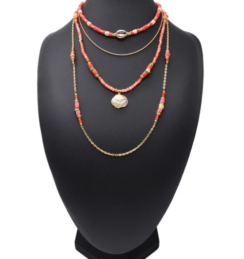 Sautoir-Collier-Multi-Rangs-Perles-et-Vinyles-Orange-avec-Cauri-et-Coquillage