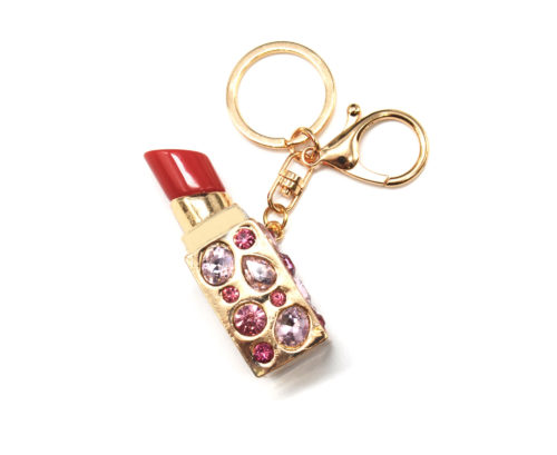 Porte-Cles-Bijou-de-Sac-Rouge-Levres-XXL-Metal-Dore-Orne-de-Pierres-Rose