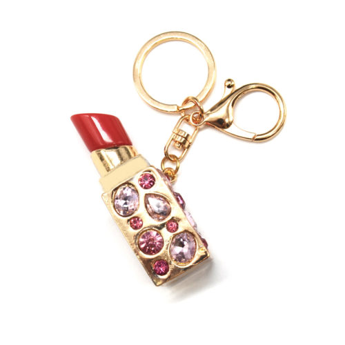 Porte-Cles-Bijou-de-Sac-Rouge-Levres-XXL-Metal-Dore-Orne-de-Pierres-Rose