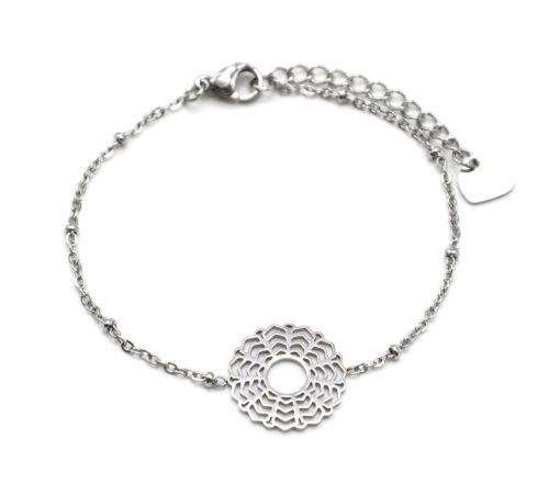 Bracelet-Chaine-Boules-avec-Fleur-Rosace-Acier-Argente