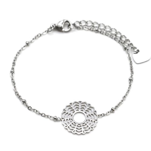 Bracelet-Chaine-Boules-avec-Fleur-Rosace-Acier-Argente