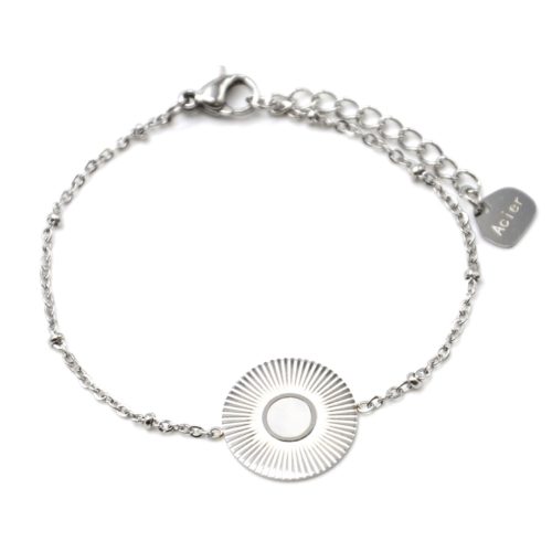 Bracelet-Chaine-Boules-avec-Medaille-Rayons-Soleil-Acier-Argente-et-Nacre-Blanc