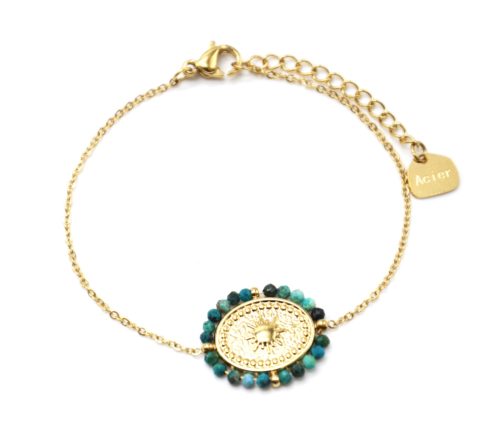 Bracelet-Fine-Chaine-avec-Medaille-Ovale-Soleil-Acier-Dore-et-Contour-Perles-Vertes