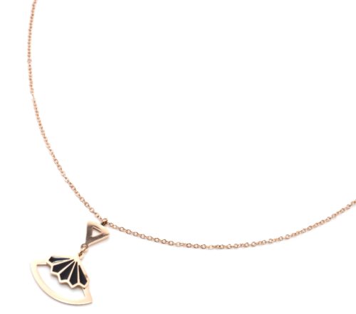 Collier-Fine-Chaine-Pendentif-Triangle-et-Eventail-Acier-Or-Rose-Email-Noir