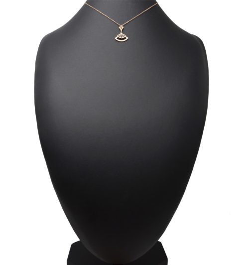 Collier-Fine-Chaine-Pendentif-Triangle-et-Eventail-Acier-Or-Rose-Email-Noir