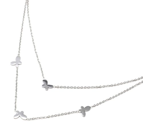 Collier-Double-Chaine-Acier-Argente-avec-Charms-Mini-Papillons