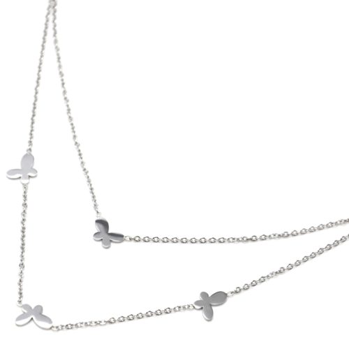 Collier-Double-Chaine-Acier-Argente-avec-Charms-Mini-Papillons