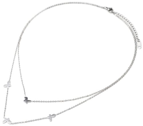 Collier-Double-Chaine-Acier-Argente-avec-Charms-Mini-Papillons