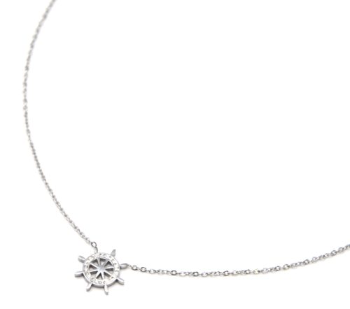 Collier-Fine-Chaine-Pendentif-Gouvernail-Strass-et-Acier-Argente