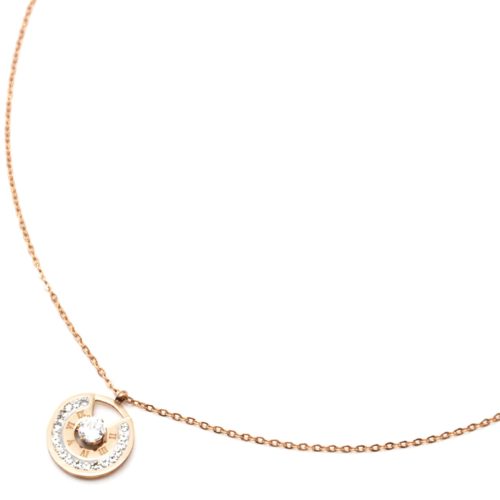 Collier-Fine-Chaine-Pendentif-Cercle-Chiffres-Romains-Acier-Or-Rose-avec-Strass-et-Pierre