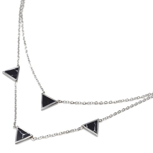 Collier-Double-Chaine-Acier-Argente-avec-Charms-Triangles-Effet-Marbre-Noir