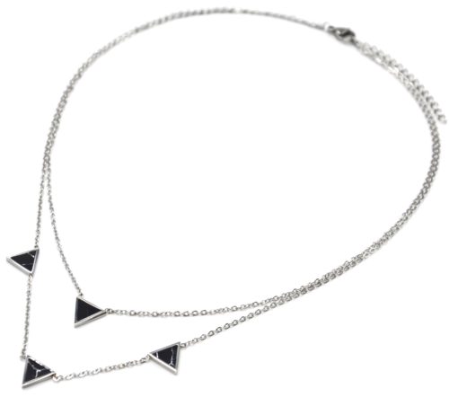 Collier-Double-Chaine-Acier-Argente-avec-Charms-Triangles-Effet-Marbre-Noir