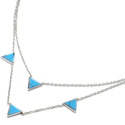 Collier-Double-Chaine-Acier-Argente-avec-Charms-Triangles-Effet-Marbre-Turquoise