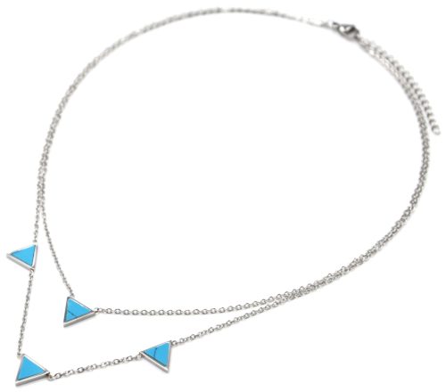 Collier-Double-Chaine-Acier-Argente-avec-Charms-Triangles-Effet-Marbre-Turquoise