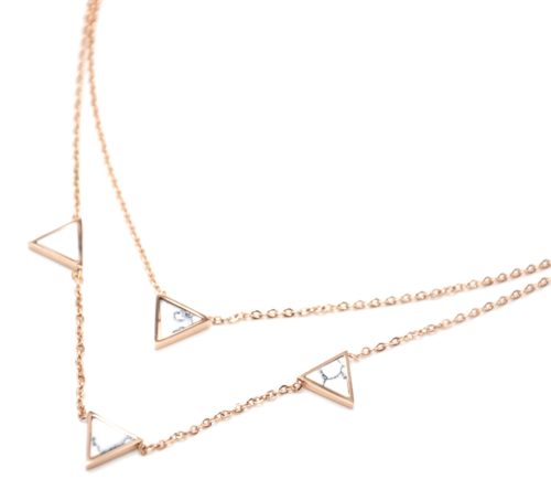 Collier-Double-Chaine-Acier-Or-Rose-avec-Charms-Triangles-Effet-Marbre-Blanc