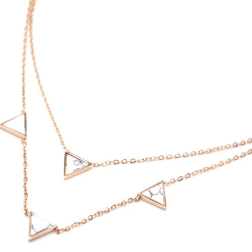 Collier-Double-Chaine-Acier-Or-Rose-avec-Charms-Triangles-Effet-Marbre-Blanc