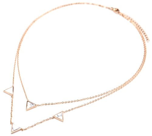 Collier-Double-Chaine-Acier-Or-Rose-avec-Charms-Triangles-Effet-Marbre-Blanc