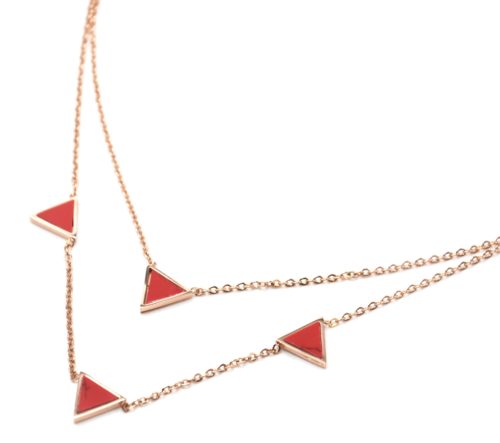 Collier-Double-Chaine-Acier-Or-Rose-avec-Charms-Triangles-Effet-Marbre-Rouge
