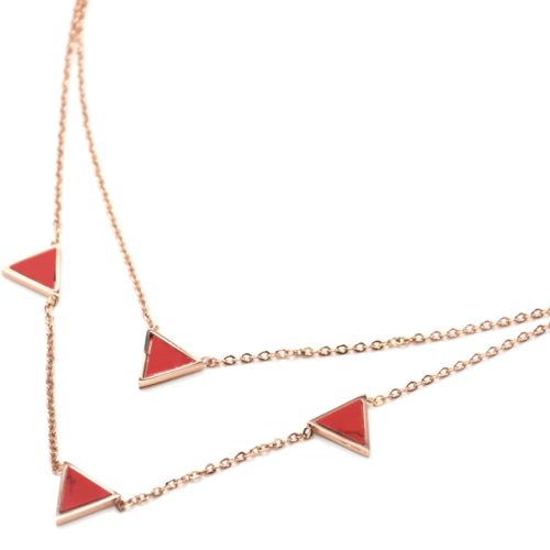 Collier-Double-Chaine-Acier-Or-Rose-avec-Charms-Triangles-Effet-Marbre-Rouge