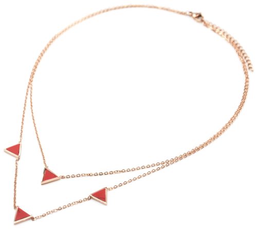 Collier-Double-Chaine-Acier-Or-Rose-avec-Charms-Triangles-Effet-Marbre-Rouge