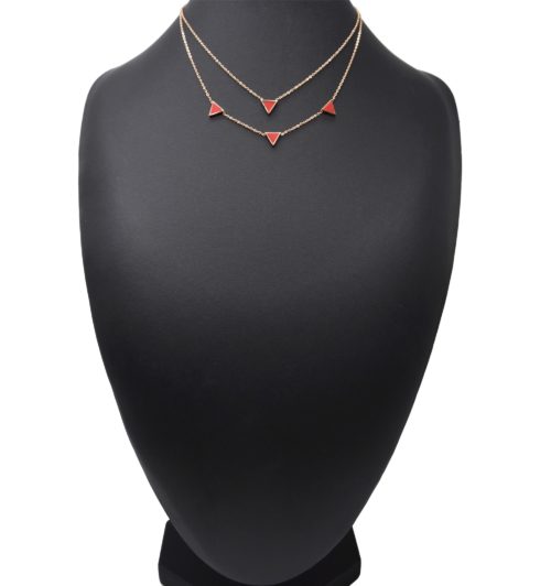 Collier-Double-Chaine-Acier-Or-Rose-avec-Charms-Triangles-Effet-Marbre-Rouge