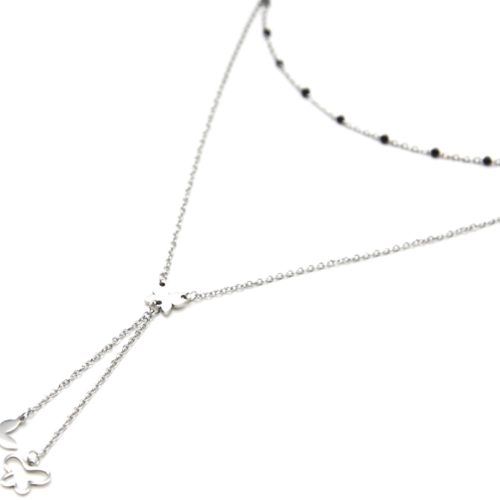 Collier-Double-Chaine-Mini-Perles-Email-Noir-et-Papillons-Acier-Argente