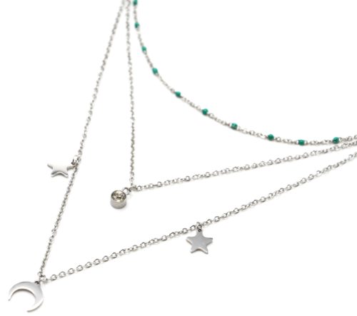 Collier-Triple-Chaine-Mini-Perles-Email-Vert-avec-Etoiles-et-Lune-Acier-Argente
