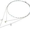 Collier-Triple-Chaine-Mini-Perles-Email-Vert-avec-Etoiles-et-Lune-Acier-Argente