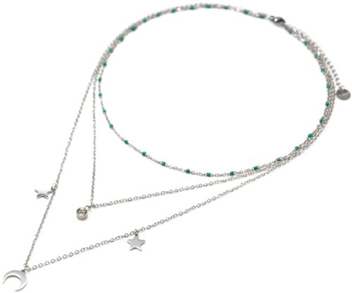 Collier-Triple-Chaine-Mini-Perles-Email-Vert-avec-Etoiles-et-Lune-Acier-Argente