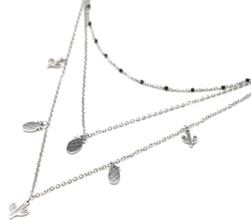 Collier-Triple-Chaine-Mini-Perles-Email-Noir-avec-Cactus-et-Ananas-Acier-Argente