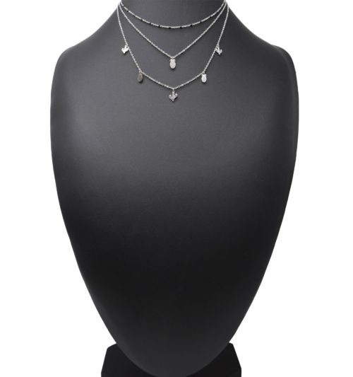 Collier-Triple-Chaine-Mini-Perles-Email-Noir-avec-Cactus-et-Ananas-Acier-Argente