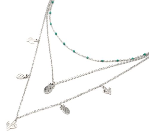 Collier-Triple-Chaine-Mini-Perles-Email-Vert-avec-Cactus-et-Ananas-Acier-Argente