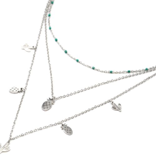 Collier-Triple-Chaine-Mini-Perles-Email-Vert-avec-Cactus-et-Ananas-Acier-Argente