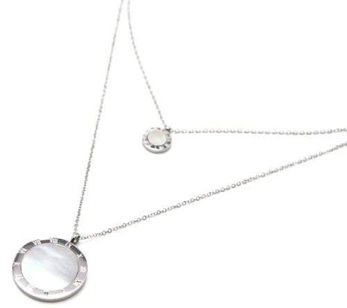 Collier-Double-Chaine-Acier-Argente-avec-Medailles-Chiffres-Romains-et-Nacre