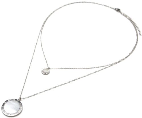 Collier-Double-Chaine-Acier-Argente-avec-Medailles-Chiffres-Romains-et-Nacre