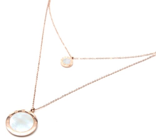 Collier-Double-Chaine-Acier-Or-Rose-avec-Medailles-Chiffres-Romains-et-Nacre