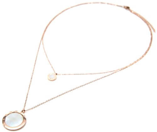 Collier-Double-Chaine-Acier-Or-Rose-avec-Medailles-Chiffres-Romains-et-Nacre