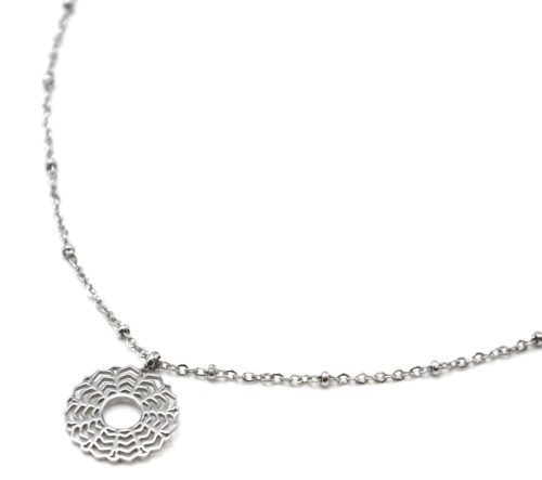 Collier-Chaine-Boules-Pendentif-Fleur-Rosace-Ajouree-Acier-Argente